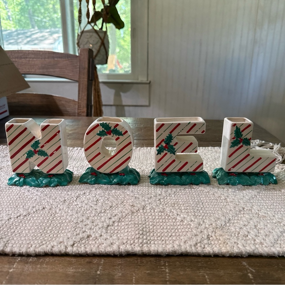 Vintage Japan NOEL Ceramic Holiday Candle Holders Set in White, Green & Red